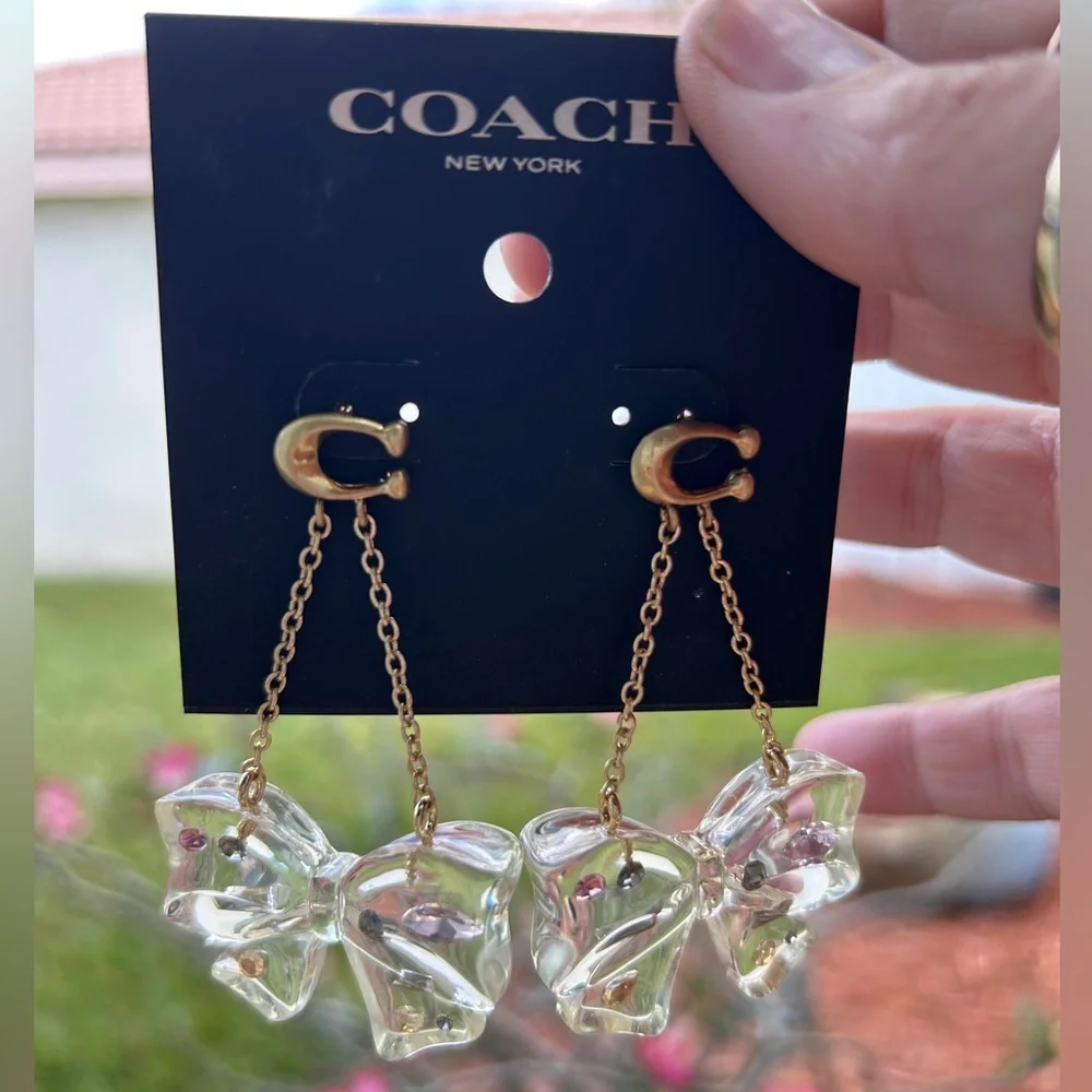 Coach Bow Crystal Dangle Earrings Gold Clear Drop Fashion Jewelry - Picture 5 of 5